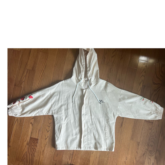 NWT Zaful Embroidered Rose Hooded Jacket, 3/4 Sleeve, Lightweight, Tan, size XL - Picture 2 of 10
